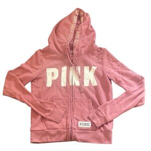 Pink Victoria Secret Hoodie with Logo Women Small Petite Full Zip Up Long Sleeve